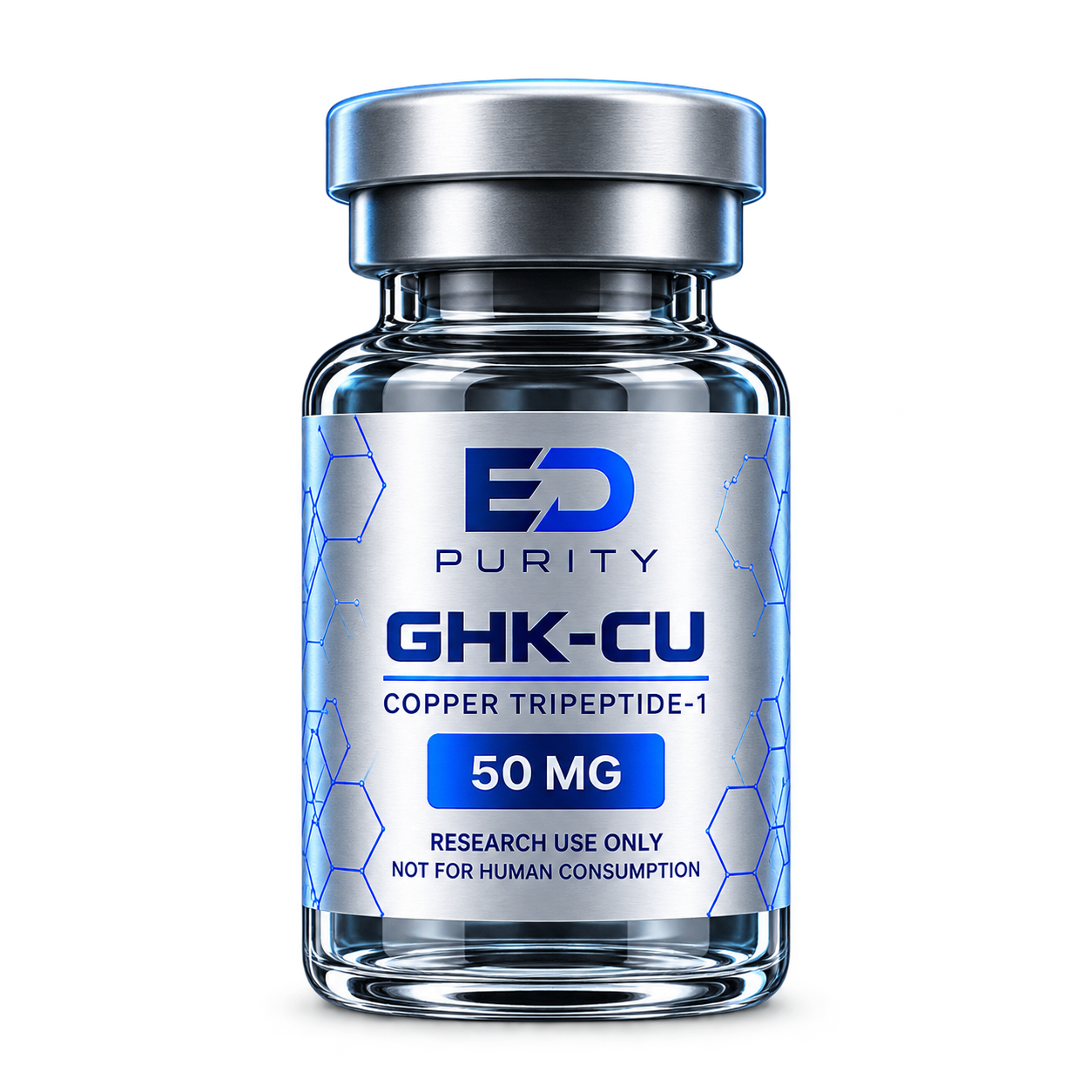 ED PURITY GHK-Cu 50 mg blue and silver vial